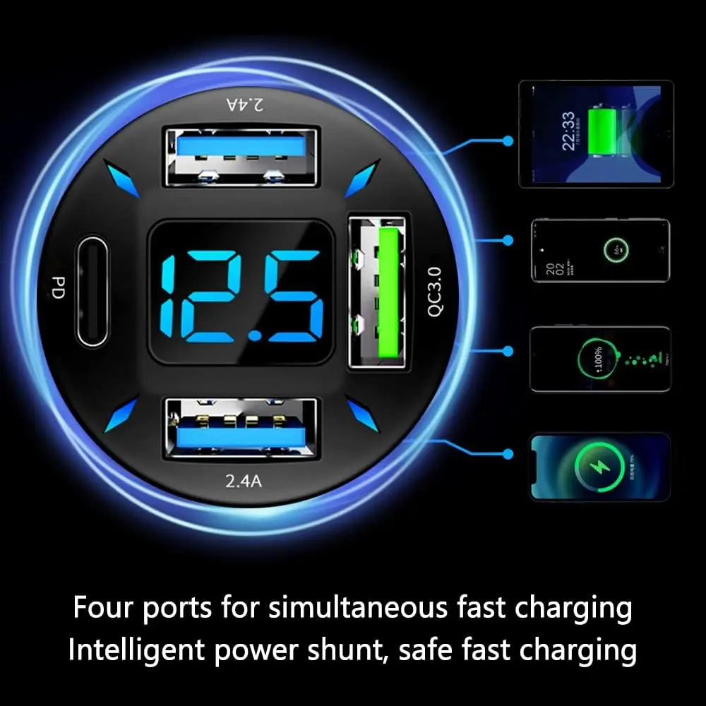 Auto ladegerät 66w supers chn elles Laden mit USB PD & QC 3.0(Voltmeter & LED-Leuchten) universelle Schnell ladung für 12-24V Auto Zigarette lig