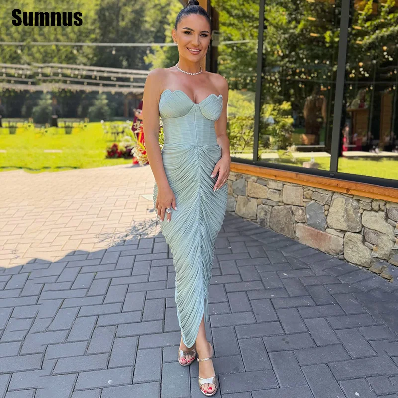 Sumnus Elegantes Meerjungfrau-Abschlussballkleid mit Herzausschnitt, Falten, ärmellos, drapiert, Midi-Abendkleider, Partykleid, Vestido Festa, maßgeschneidert
