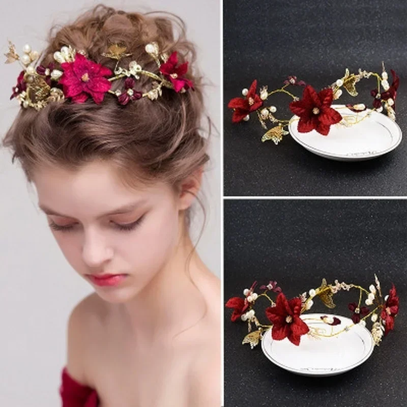 

1 Pcs Vintage Style Red Flowers with Pearls Bride's Wedding Headwear Elegant Handmade Wreath Crown Performance Photo Accessories