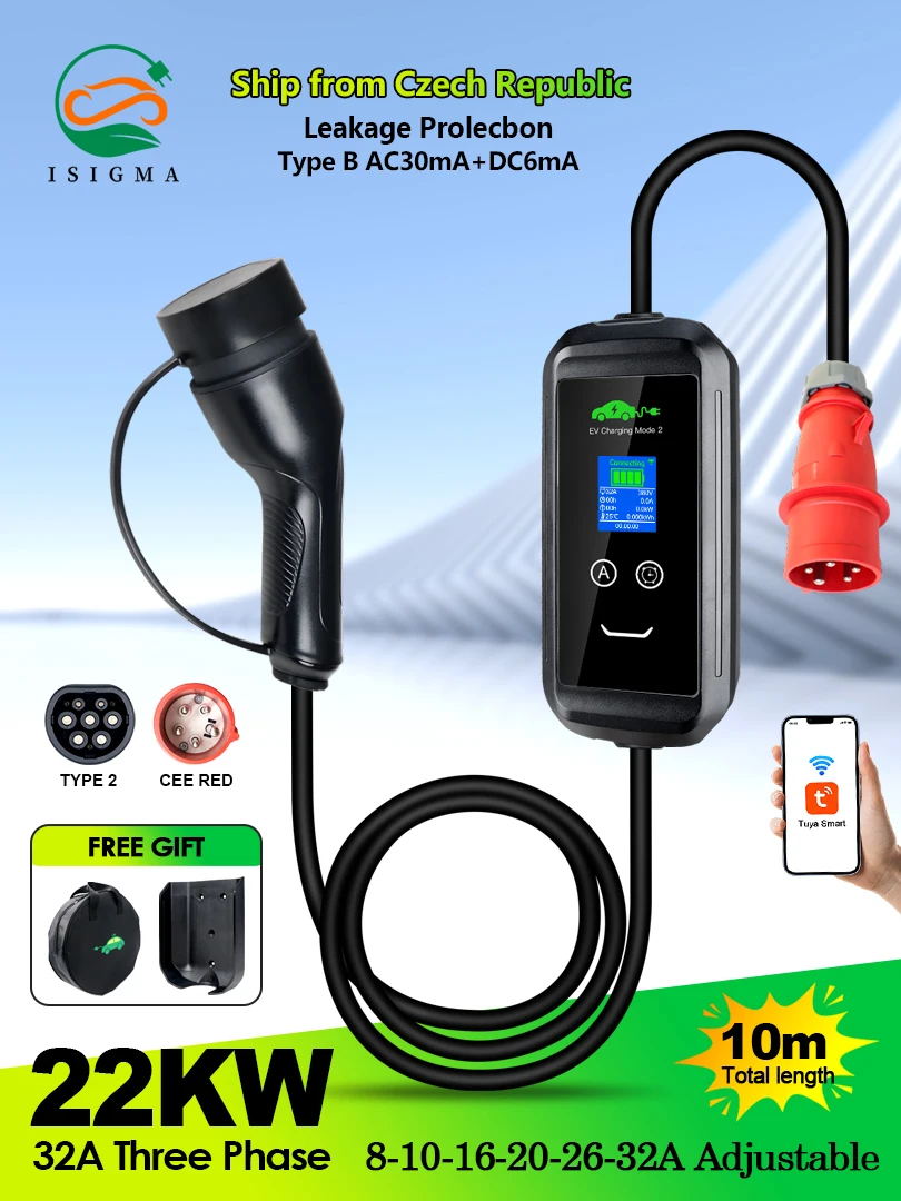 ISIGMA Tragbares EV-Ladegerät 32A 22 kW Typ2 IEC62196-2 Tuya APP EVSE Laden 10M Kabel Typ2 Stecker Wallbox für Elektroauto