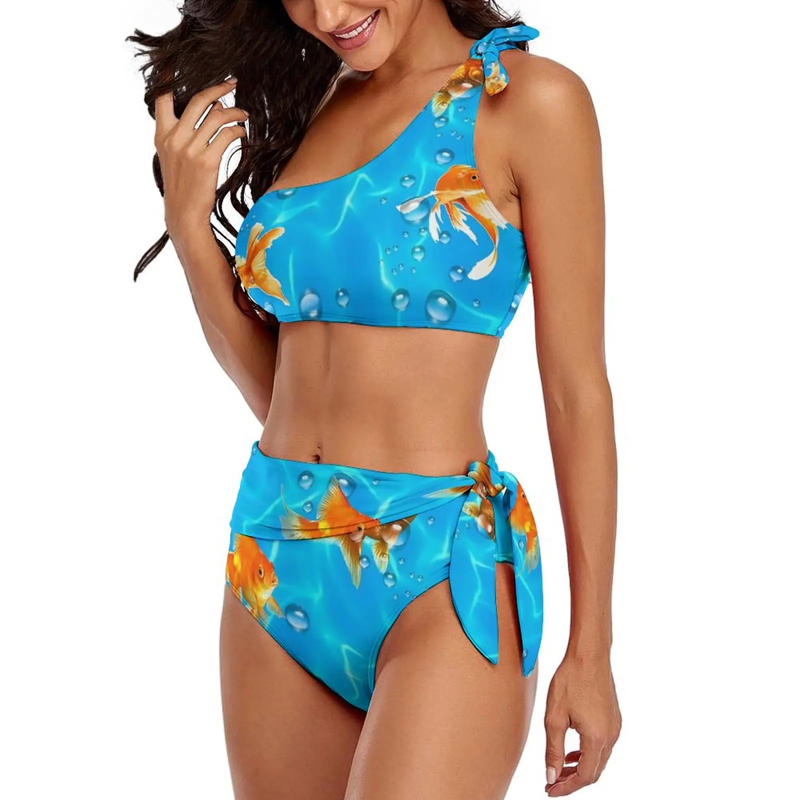 Bikini imprimé poisson rouge, maillot de bain femme, taille haute, sexy, ensemble deux pièces