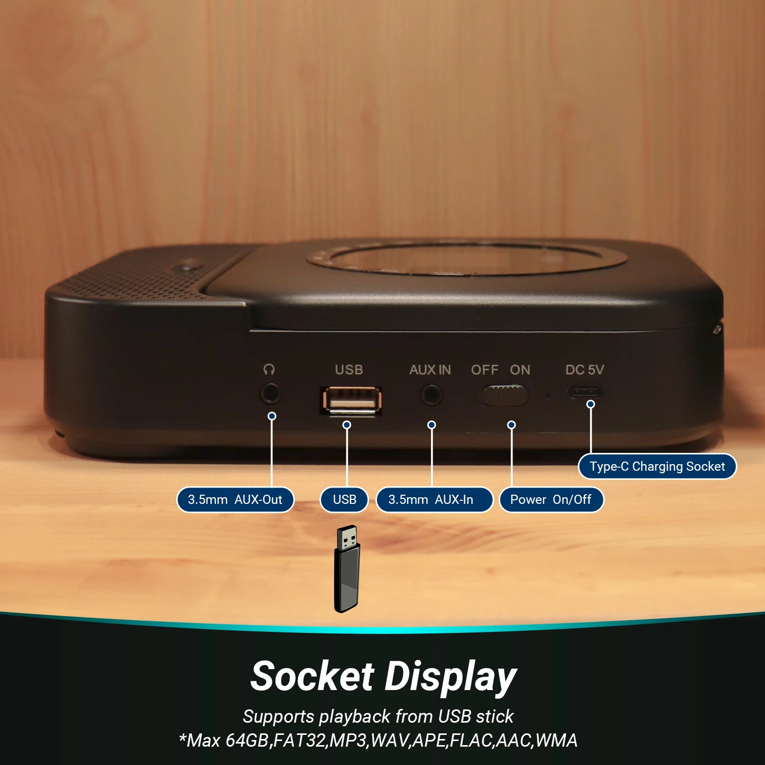 August SE15 휴대용 CD 플레이어, Bluetooth 5.3, USB 포트, 3.5mm AUX, 벽걸이형 충전식 CD, 스킵 방지, 이어폰