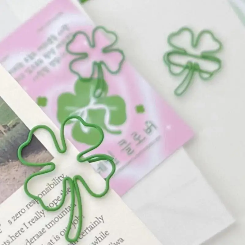 50Pcs Green Four-leaf Clover Paperclips Scrapbook Decor Binder Clip Mini Metal Bookmark Office Desk Accessories