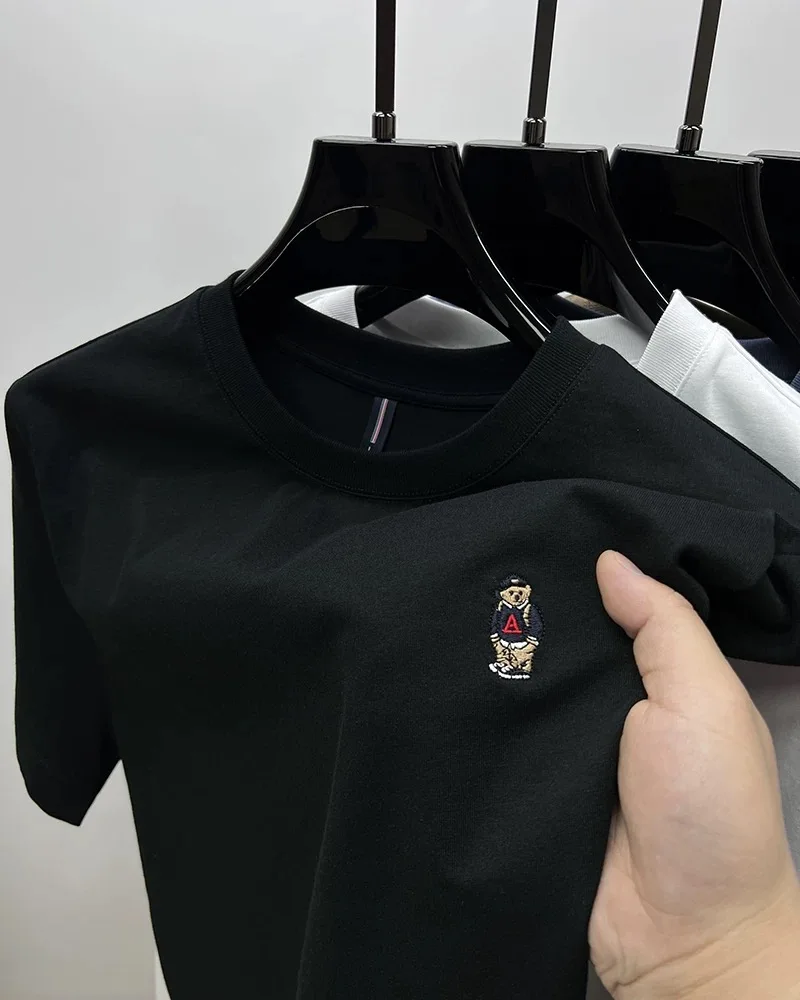 العلامة التجارية الموضة تيدي بير المطرزة تي شيرتات قصيرة الاكمام الرجال الصيف 100% القطن تنفس الشباب الكورية عادية جولة الرقبة #2