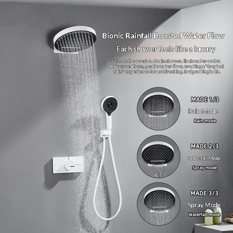 Modern Wall-Mounted Shower Set Brushed Chrome Thermostatic Concealed White Finish Massage/Soft/Rain Spray Apartment Hotel