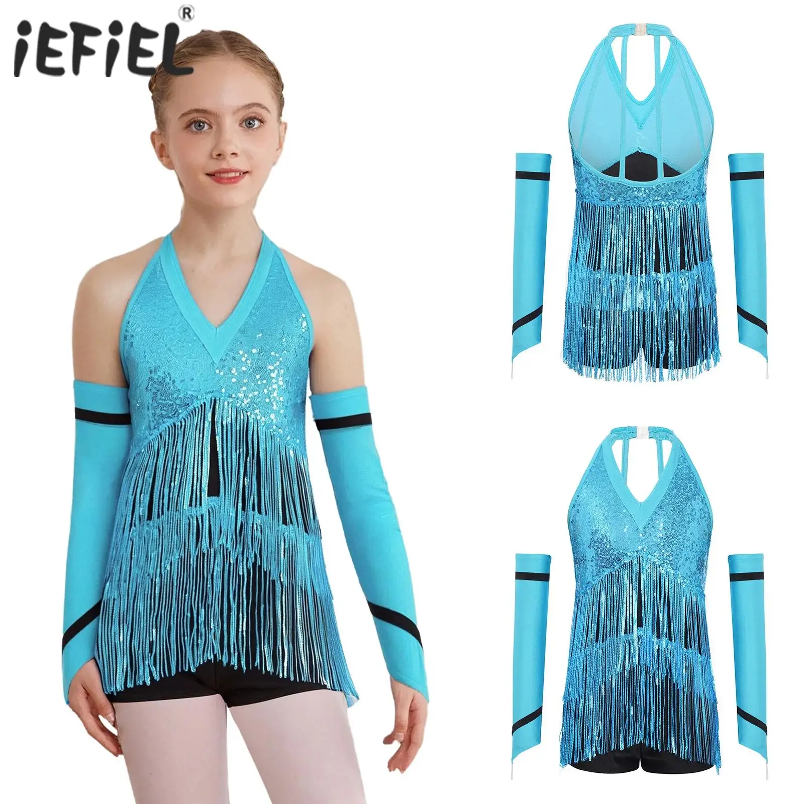 Combinaison courte de danse Jazz latine pour enfants filles, Costume de spectacle sur scène, col licou, sans manches, paillettes, justaucorps bloc de couleur avec gants