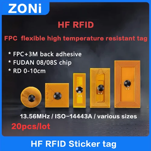 Imagen 1 del producto 20 piezas RFID HF etiqueta Flexible resistente a altas temperaturas NFC ISO14443A 13,56 MHz con etiqueta adhesiva 3M etiqueta electrónica de alta calidad