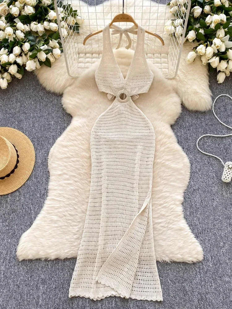 

Summer American Beach Vacation Sexy Split Dress Women Hollow Out Backless Halter Long Dress Female Designer Fashion Clothing New