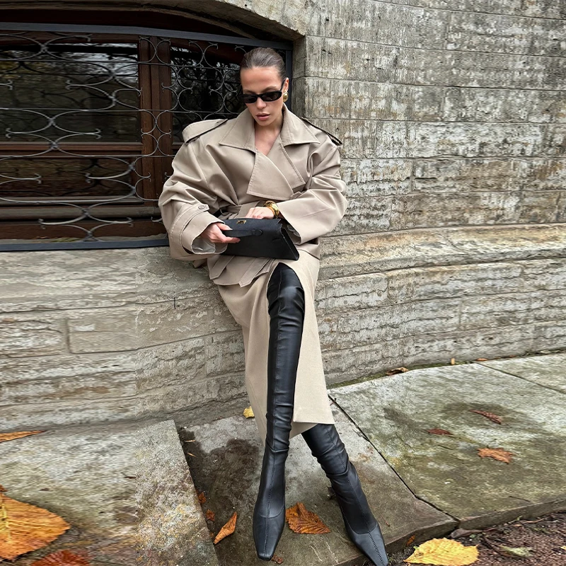 Casual Loose Jacket Women Stand Collar Long Sleeve Belt Double Breasted Short Windbreaker 2025 Spring Fashion Chic Streetwear zz