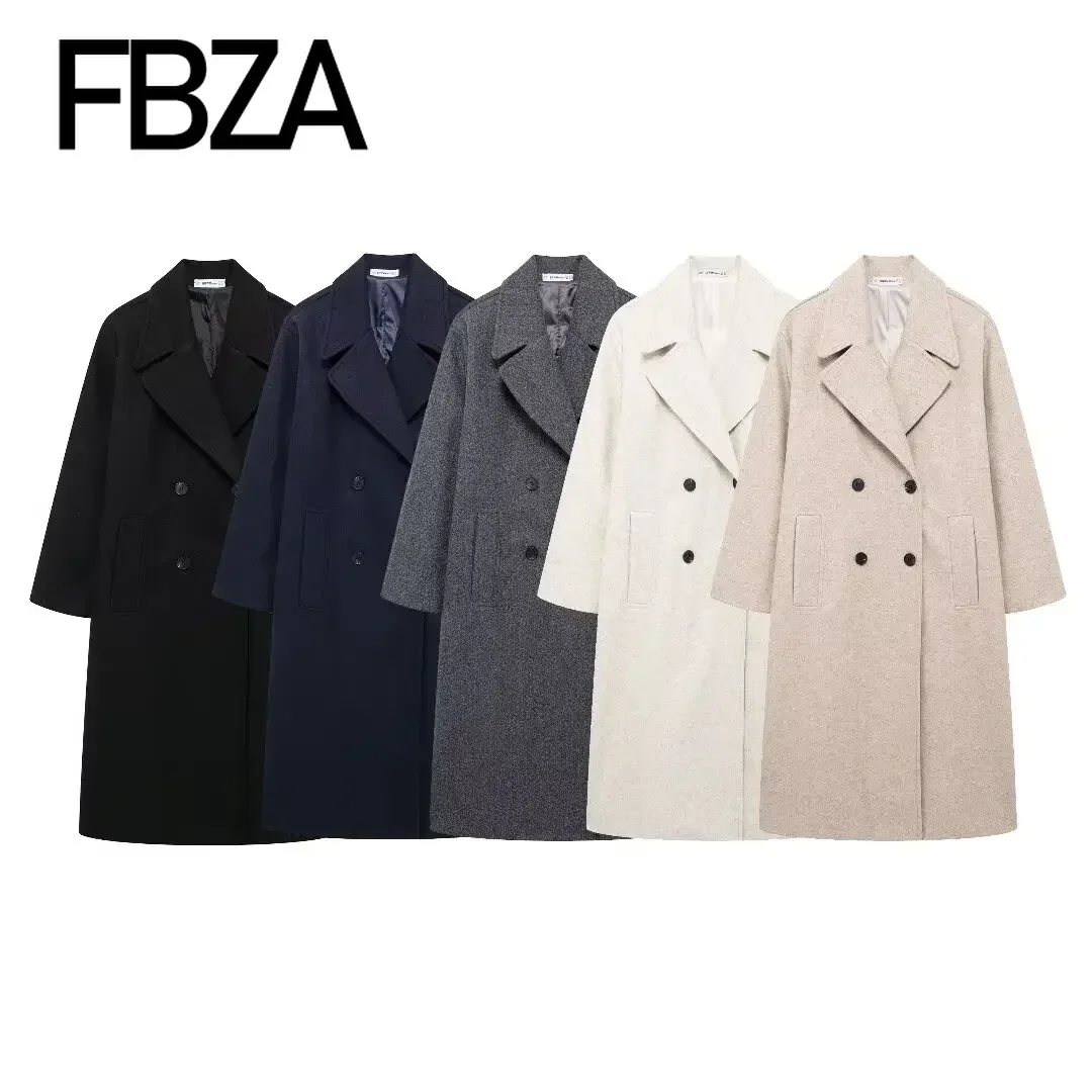 FBZA Women Fashion Autumn Winter New Soft Loose Coat Jacket Long Sleeved Double Breasted Lapel Coats Chic Ladies Tops Mujer