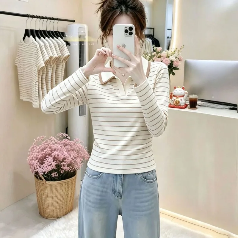 Korean Style Contrast Collar Striped Long Sleeve Top Women Cotton Cropped T Shirt Elegant Commute Slim Fit Basic Layering Tee