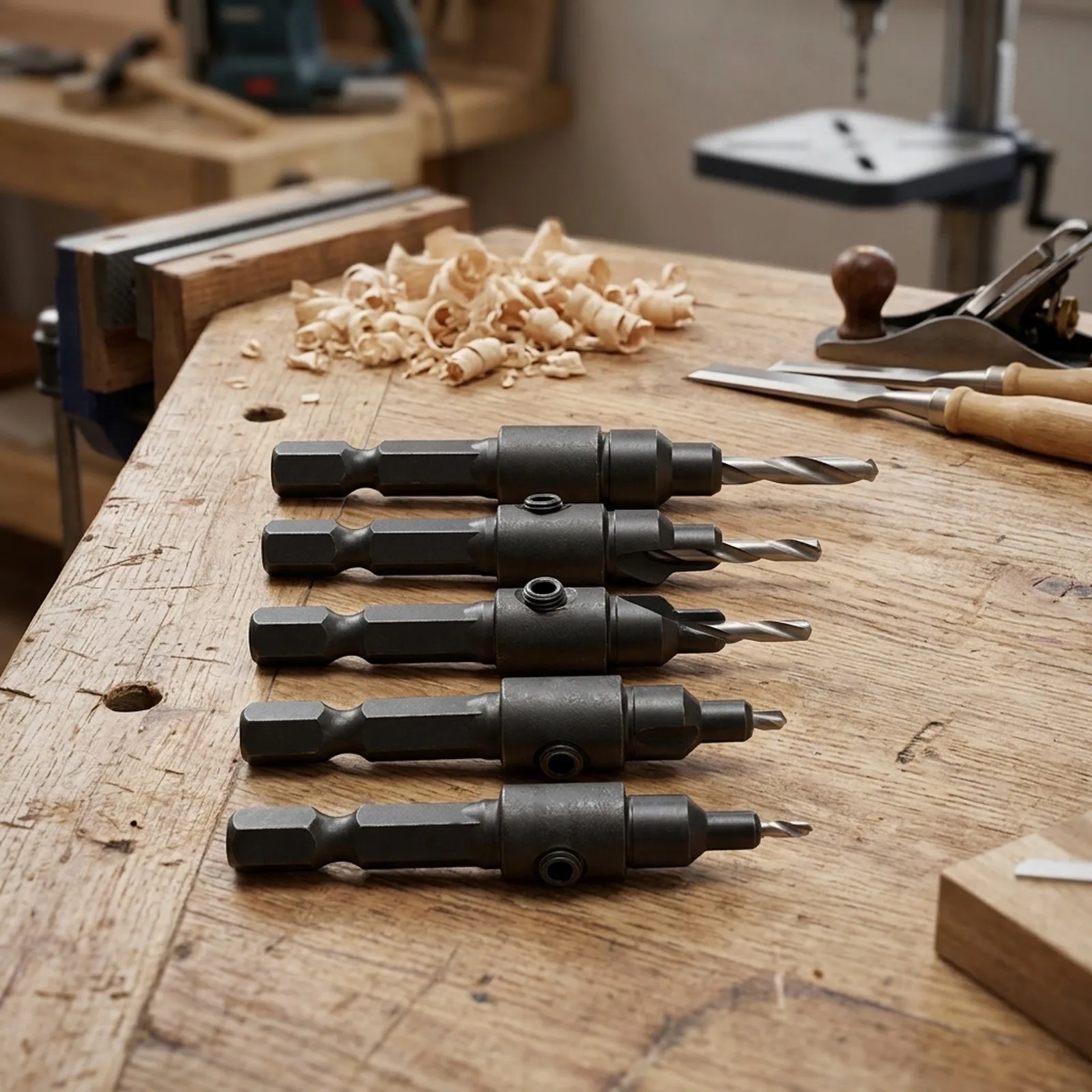 6pc Countersink Bit Set with 5 HSS Replaceable Wood Drill Bits for Accurate Countersinking in Various Wood Types