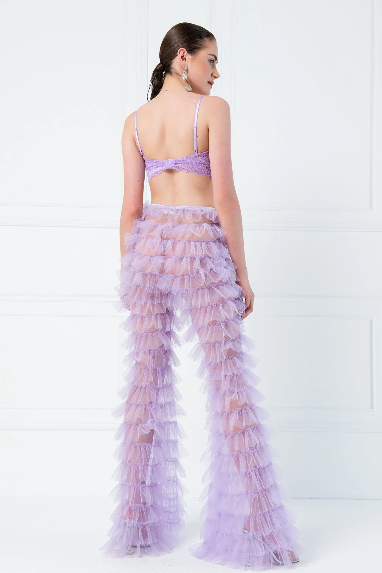 Fashion Tiered Tulle Pants for Women High Elastic Waist Ruffled Long Pants Custom Made Lavender Pink Biirthday Party Trousers