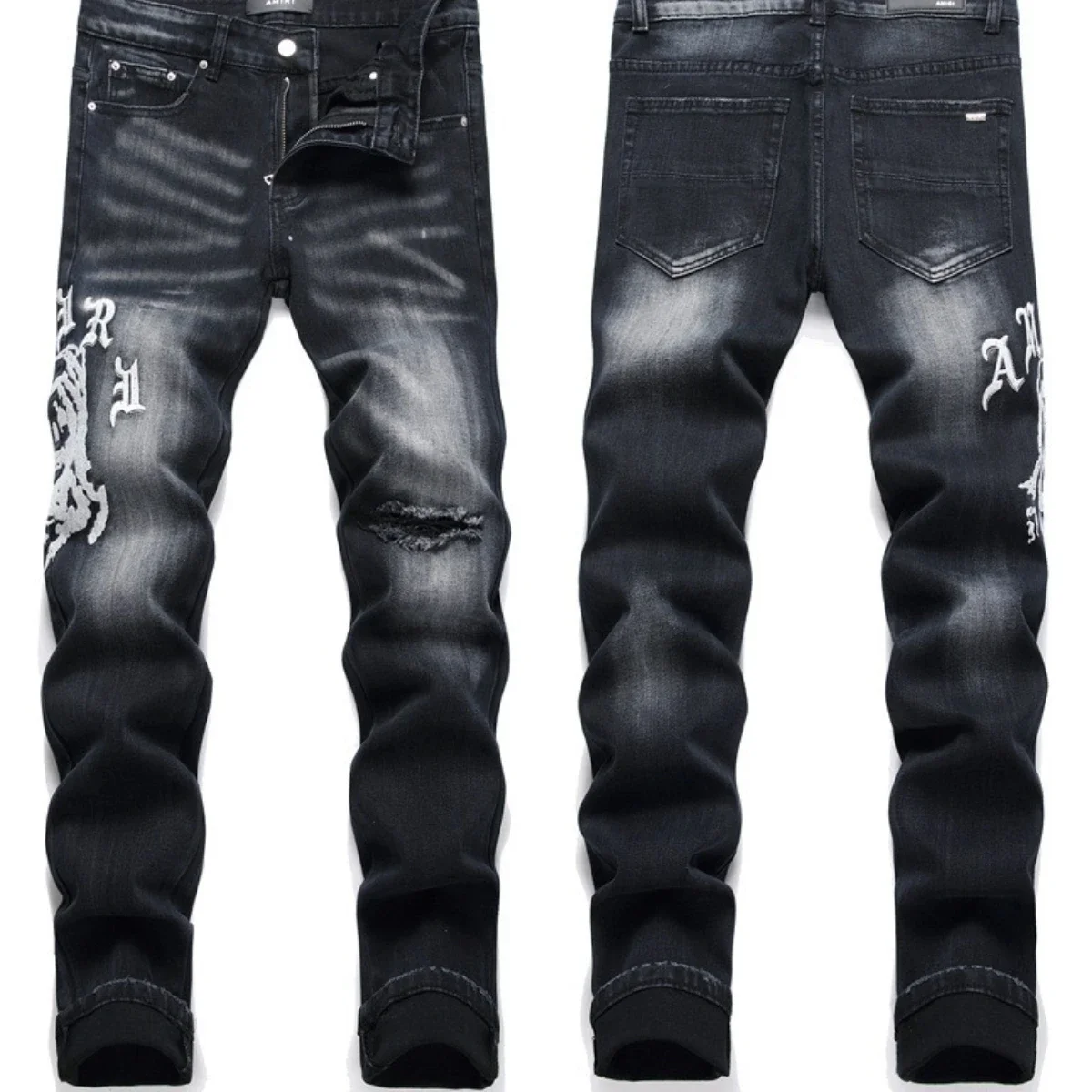 Calça jeans masculina bordada à mão, padrão de estilo nacional, personalidade algodão, calças finas elásticas altas, 3D High Street Wash Hole, caveira 4