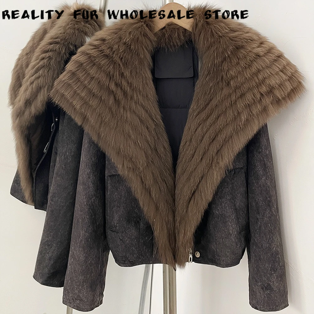 Woman Thick Down Jacket Zipper Closer Real Fur Collar Coat Warm Down Coat Old Money Style Elegant Winter for Evening Party Wear