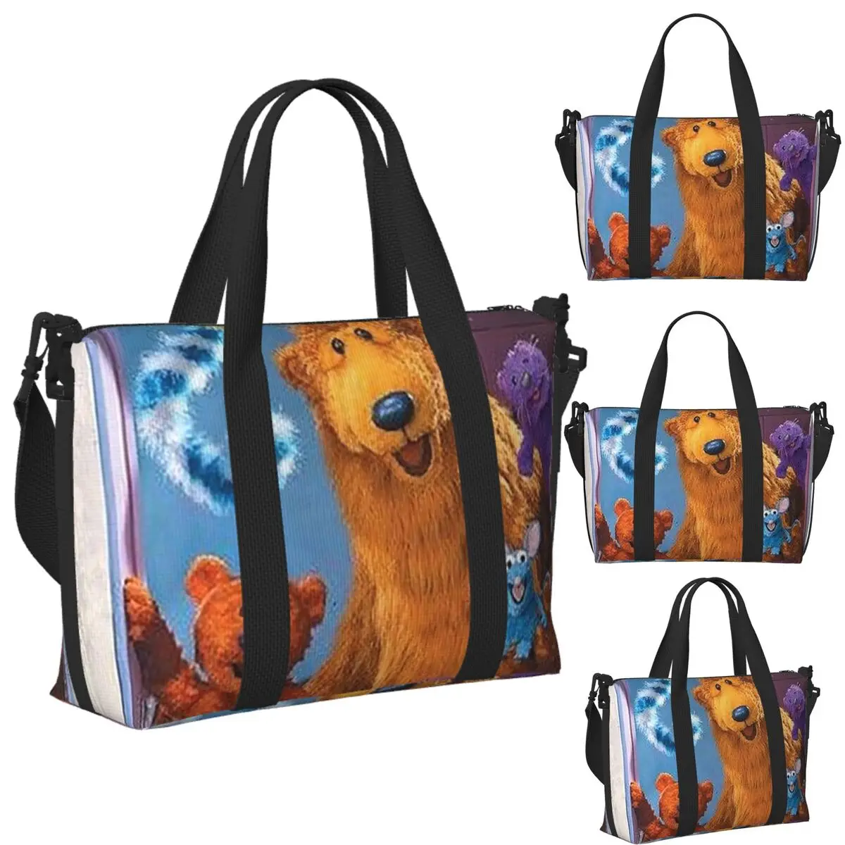 

Custom Bear In The Big Blue House Beach Travel Bag Large Capacity Tote Bags for Gym Sport Women Shopping Duffle Shoulder Bag