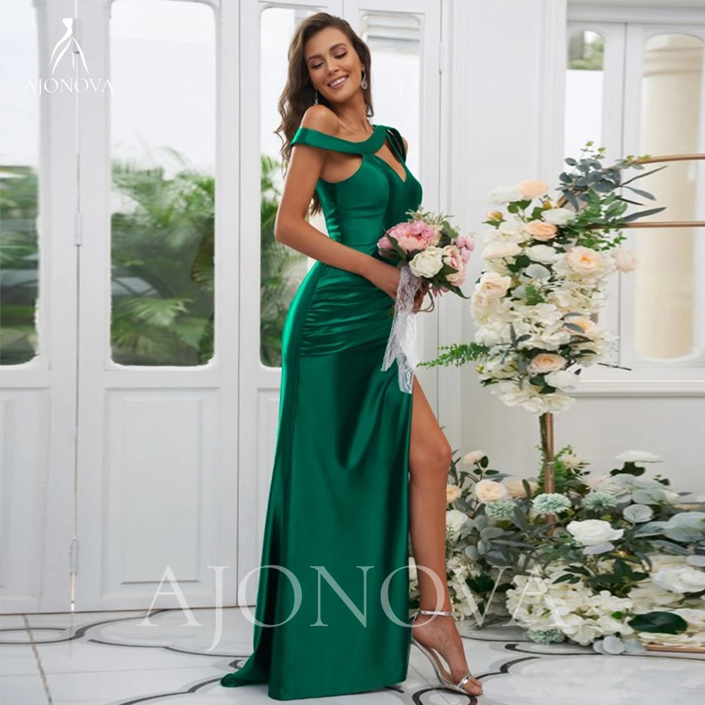 Emerald Green Satin Wedding Guest Woman Dress for Wedding Party Formal Side Split Bridesmaid Robe Ceremony Dresses Elegant Gowns