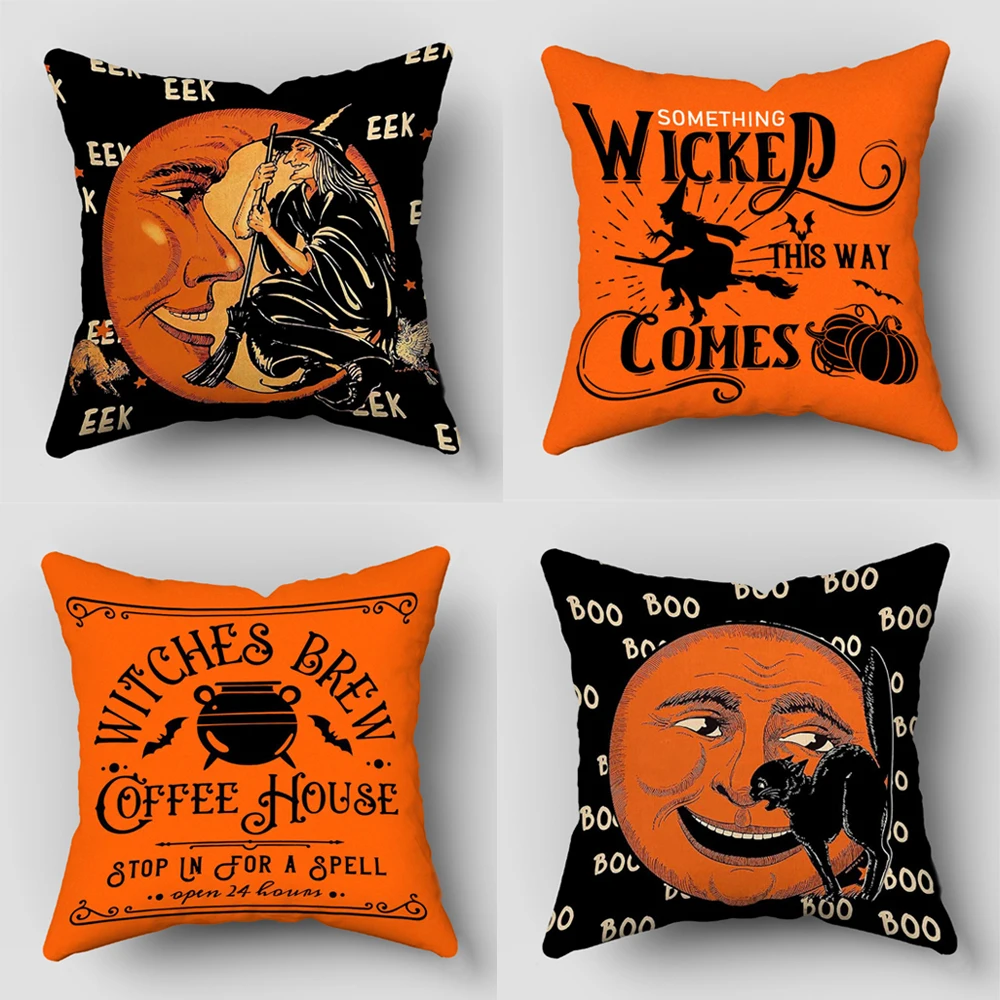 Paquete de 4 fundas de almohada de Halloween, 45x45cm, patrón de murciélago de calabaza fantasma, Ideal para sofá, cama, coche, sala de estar,