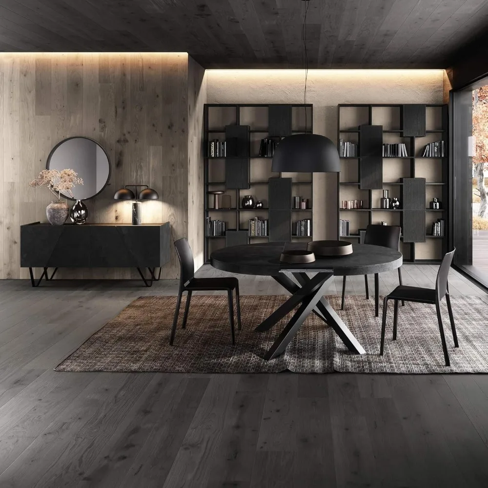 طاولة طعام مستديرة قابلة للتمديد من إيما، 47.2-63 بوصة، مظهر خرساني، أسود مع أرجل متقاطعة سوداء، مقاعد 4-6