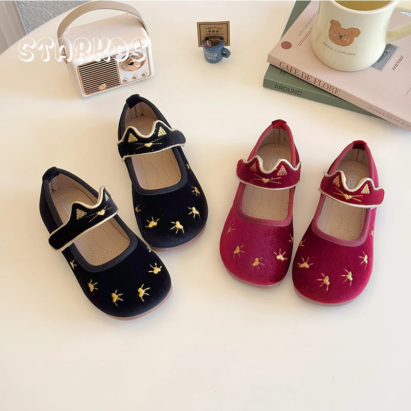 Cute Kitten Embroidery Velour Ballet Shoes Baby Kid  Chic Cat Paws Print Mary Janes Child Girls Vintage  Velvet Flat Zapatos