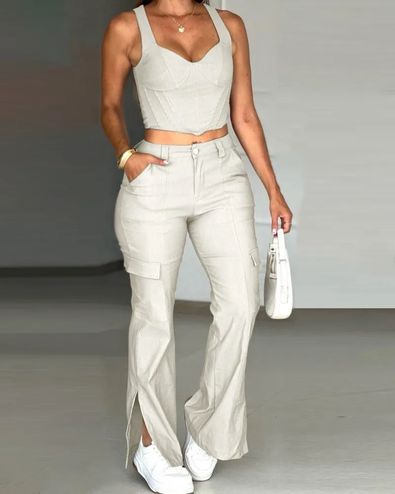 

Spring Women 2 Pieces Suit Spaghetti Strap V-Neck Crop Top and Casual Pocket Design Button Front Slit Cargo Pants Set