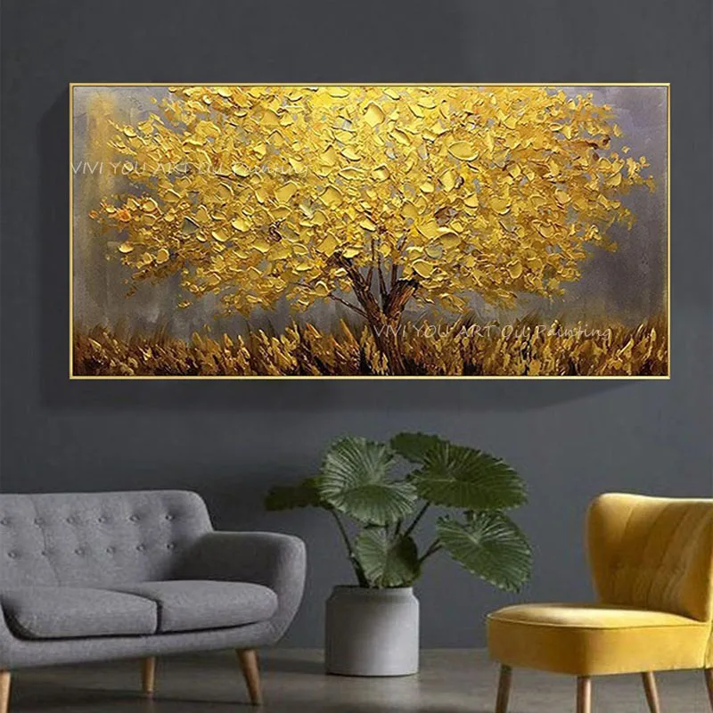 

100% Handpainted Creative Gold And Silver Knife Tree Paintings Nordic Wall Art Nature Canvas Modern Abstract Painting Pictures