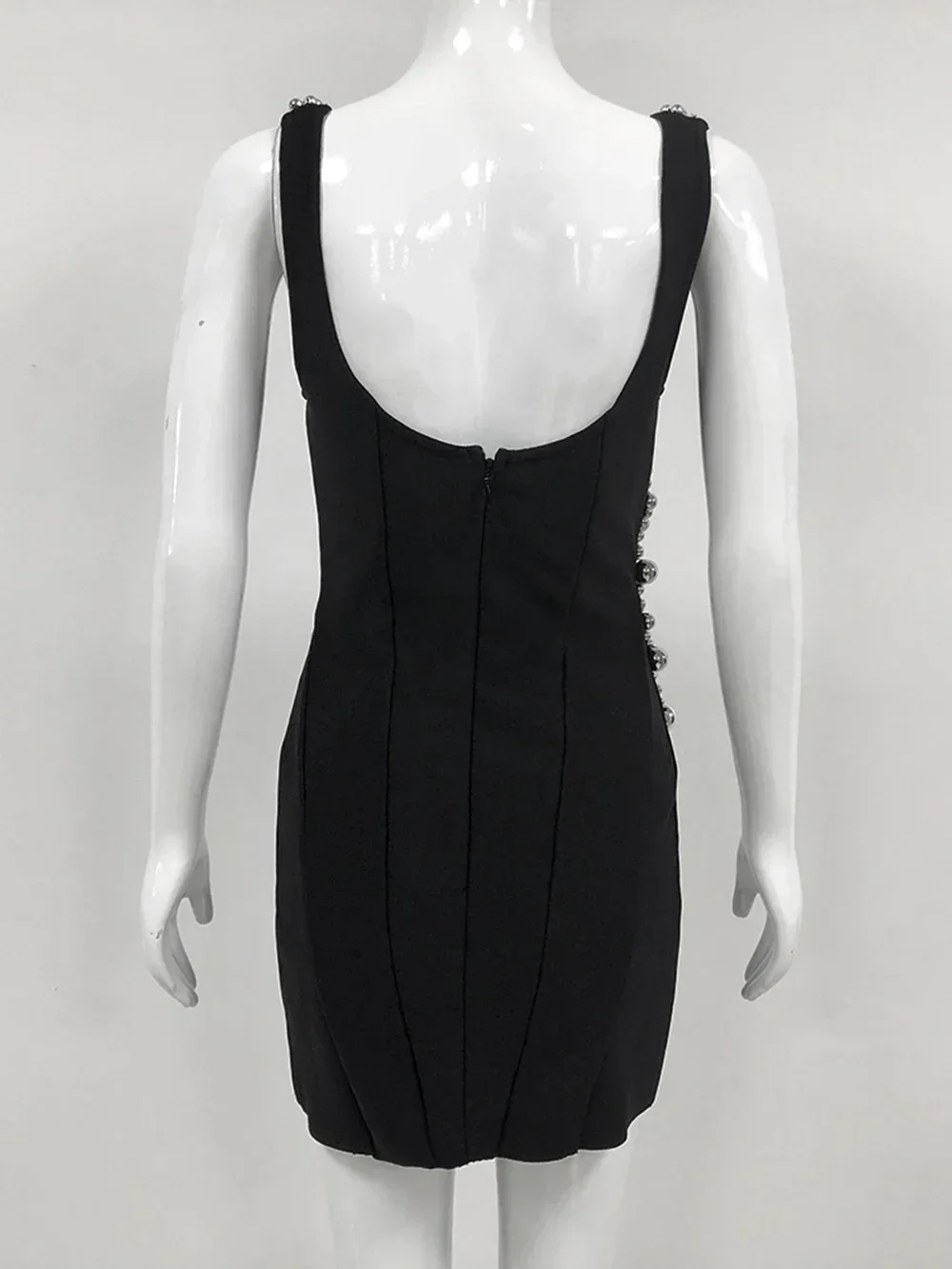 DEIVE TEGER Luxury Bead Spaghetti Strap Backless Design Sexy Mini Bandage Dress Celebrity Party runway Black Sleeveless Dress