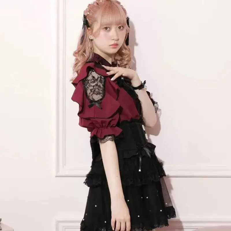 Nowa bluzka damska w stylu Y2K, urocza, japońska kokarda, koronka, falbanki, odkryte ramiona, elegancka, rękaw 3/4, słodkie topy, codzienne koszule estetyczne.