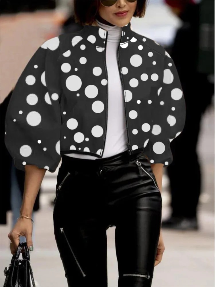 Women\'s Fashion Polka Dot Printed Cropped Tops Jackets New Spring Autumn Outwear Zipper Jackets Street Lady Casual Coats Tops