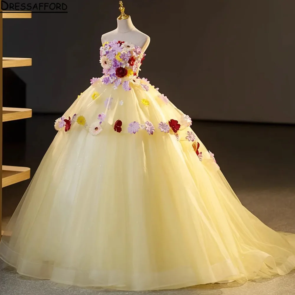 

Yellow Lace Off Shoulder Quinceanera Dresses Princess Shiny Prom Gown Classic Ball Gown Floral Print Dress Customized