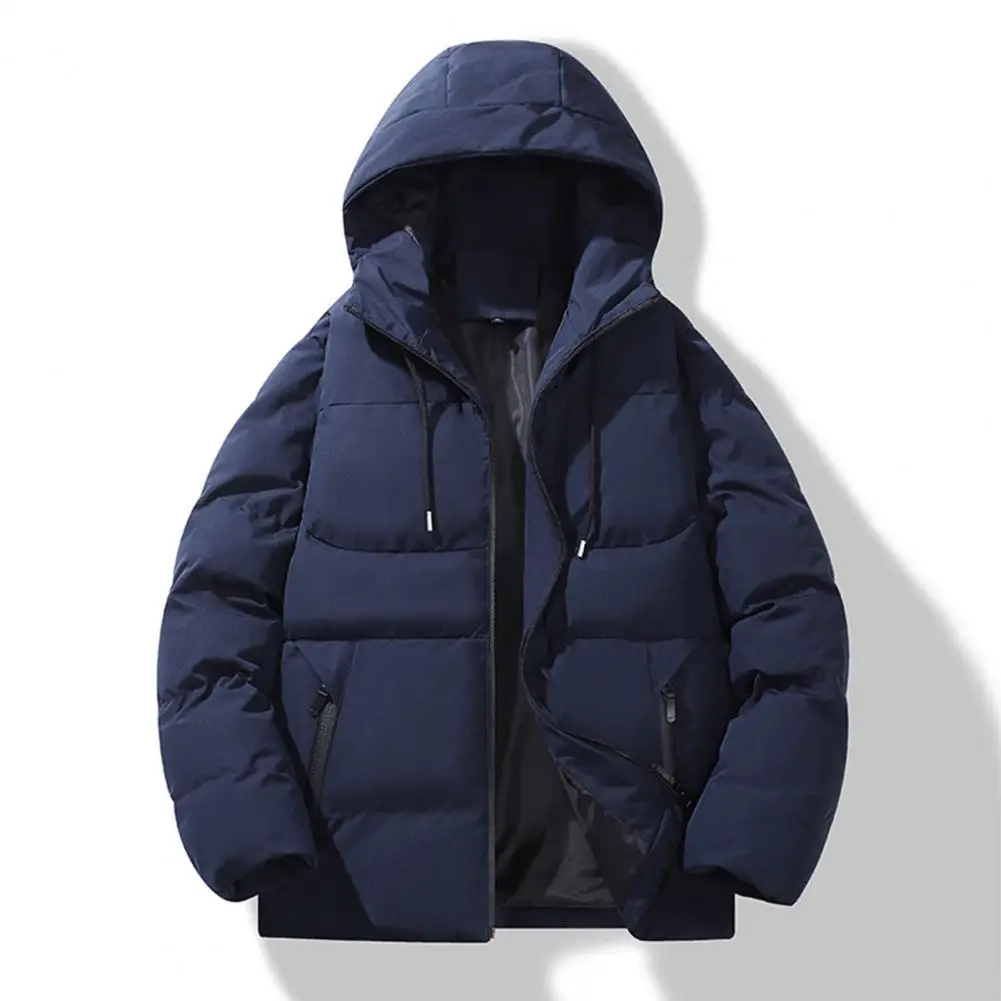 Winter Men Cotton Coat Thickened Padded Zip Up Zipper Pockets Warm Long Sleeve Loose Hooded Drawstring Down Coat