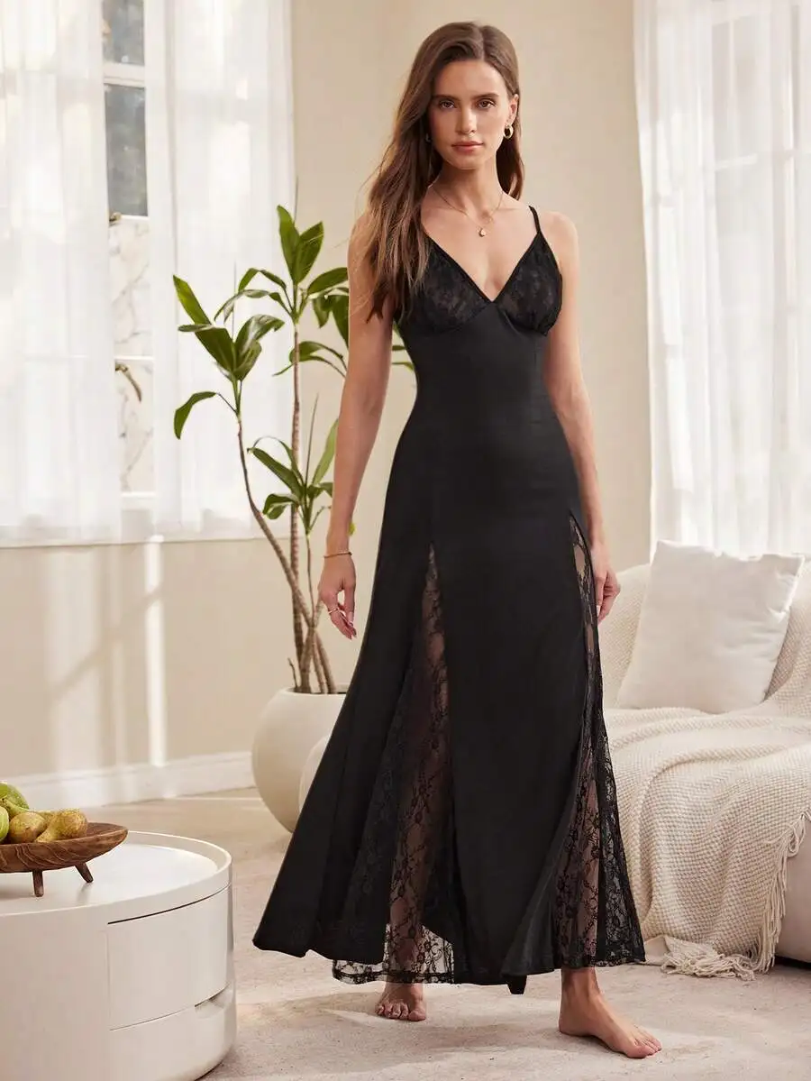 

Elegant Black Lace Trim Camisole Nightgown Floor Length Sleepwear