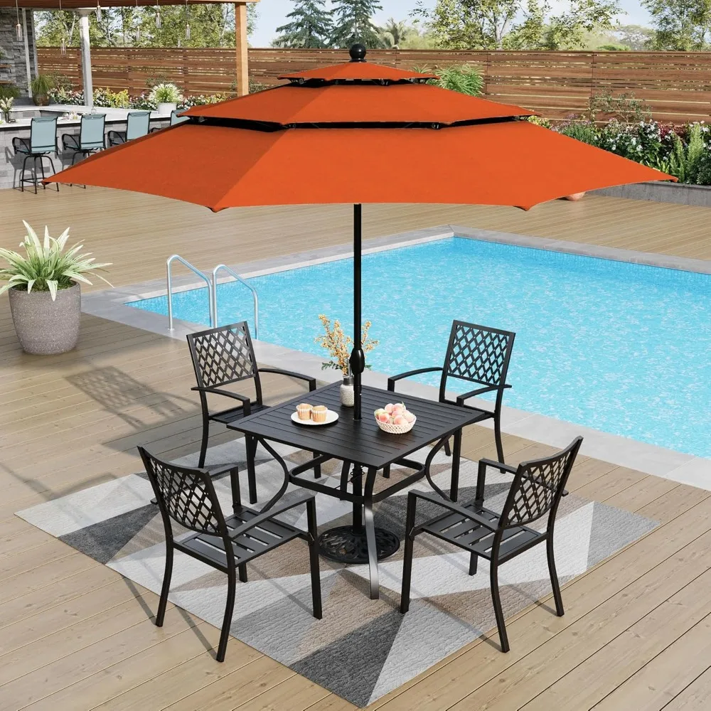 Outdoor Dining Set 6 PCS with Round Umbrella(Orange Red),1 Square 37