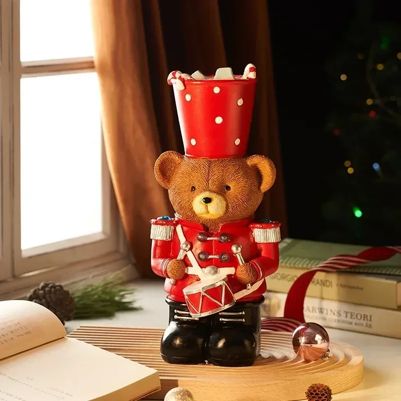 Christmas Drum Beating Teddy Bear Resin Sculpture Porch Living Room Bedroom Desktop Home Crafts Ornament Decoration