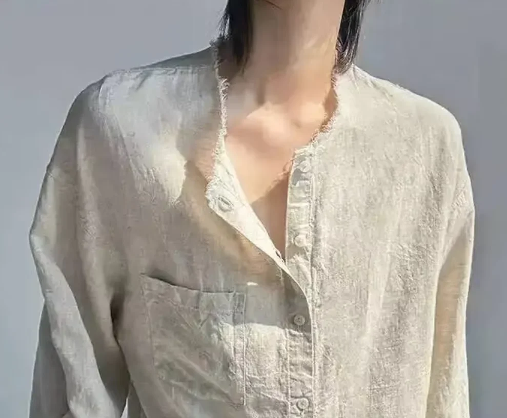 Men's Shirt New Round Collar Raw Edge Solid Color Pocket Sun-protective Long Sleeved Single Breasted Loose Male Top