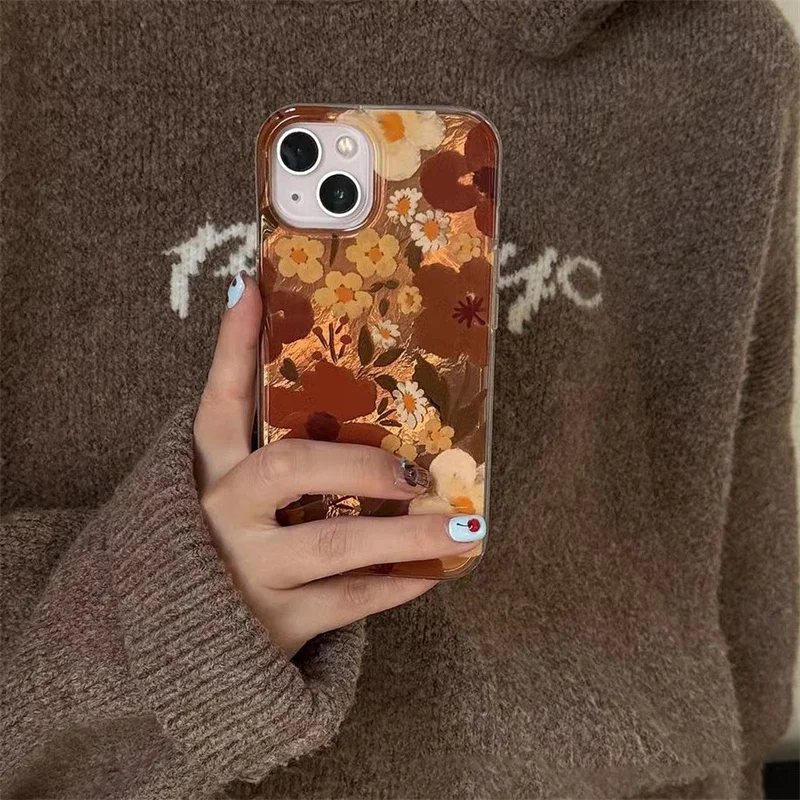 دوامة نمط IND النفط اللوحة الأصفر البني زهرة جراب هاتف مع سلسلة آيفون 11 12 13 14 15 16 17 برو ماكس