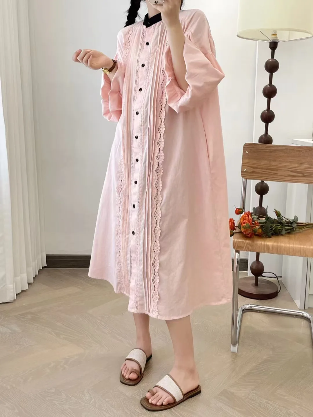 Bust 120cm Plus size women dress Korean fashion stand collar cotton pink beige lace patchwork hollow out shirt dresses