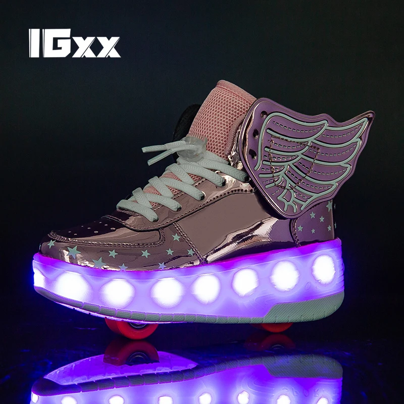 IGxx Two Wheels LED Luminous Glowing Sneakers Gold Pink Led Light Roller Skate Shoes Kids Led Shoes Boys Girls USB Charging