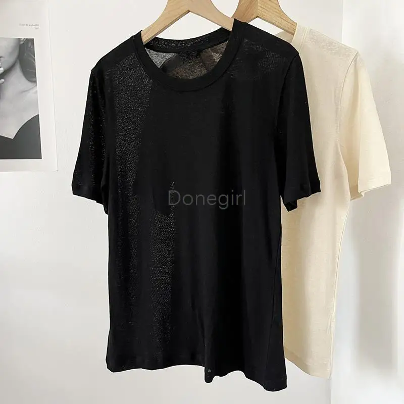 Donegirl New Women 2023 Comfort Linen Thin Round Neck Short Sleeve T-shirt Loose Solid Simplicity Basic Tops Female Chic Fashion