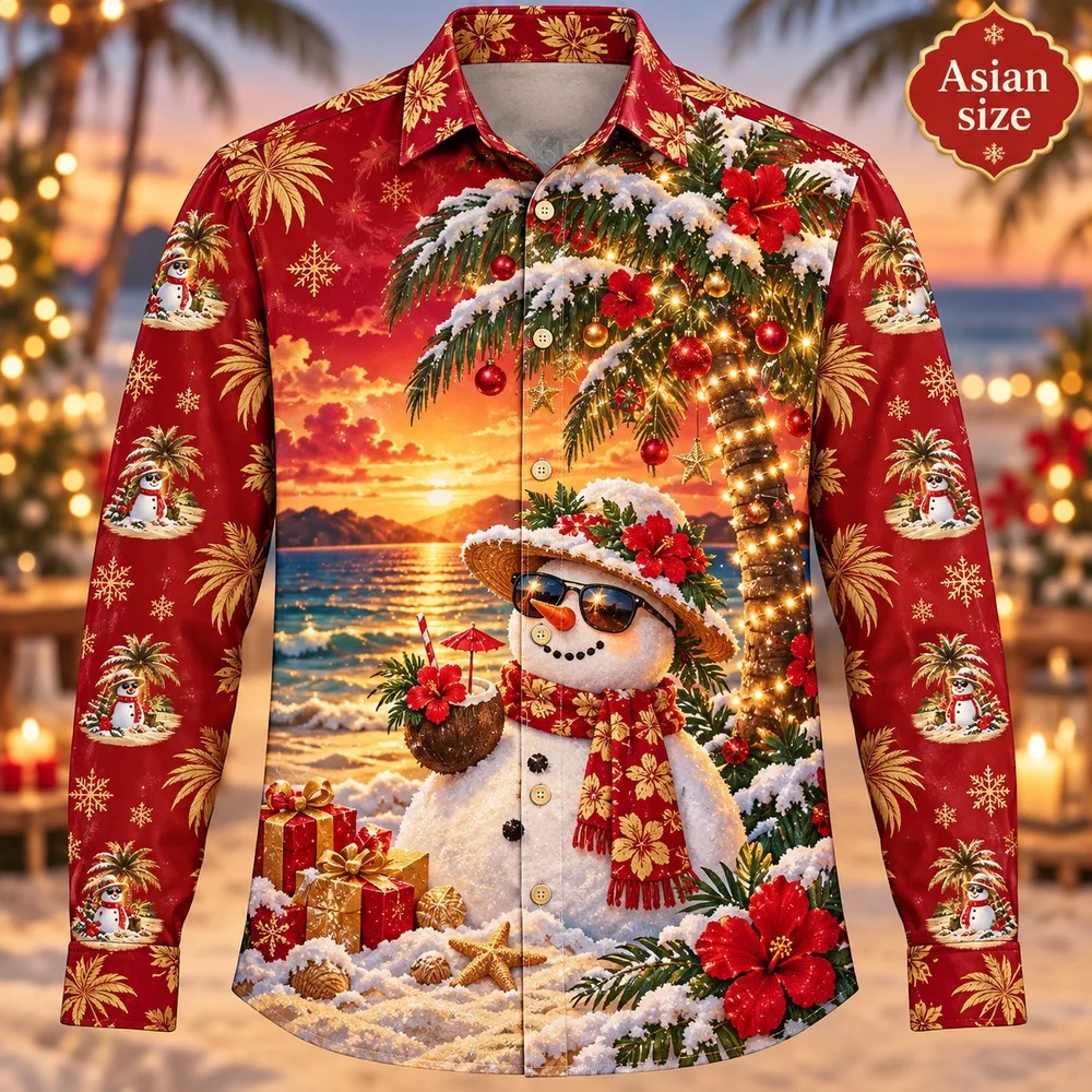 New Christmas Beach Snowman Long Sleeve Button Down Shirt for Men 3D Print Polyester Holiday Party Festive Winter Top Shirts