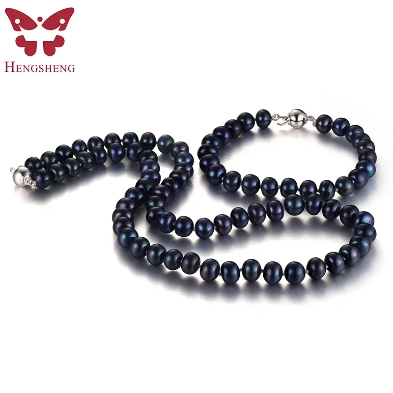 

HENGSHENG New Real Natural White/Black Freshwater Pearl Set For Women,Pearl Bracelet&Necklace,Wedding Set,925 Silver Buckle