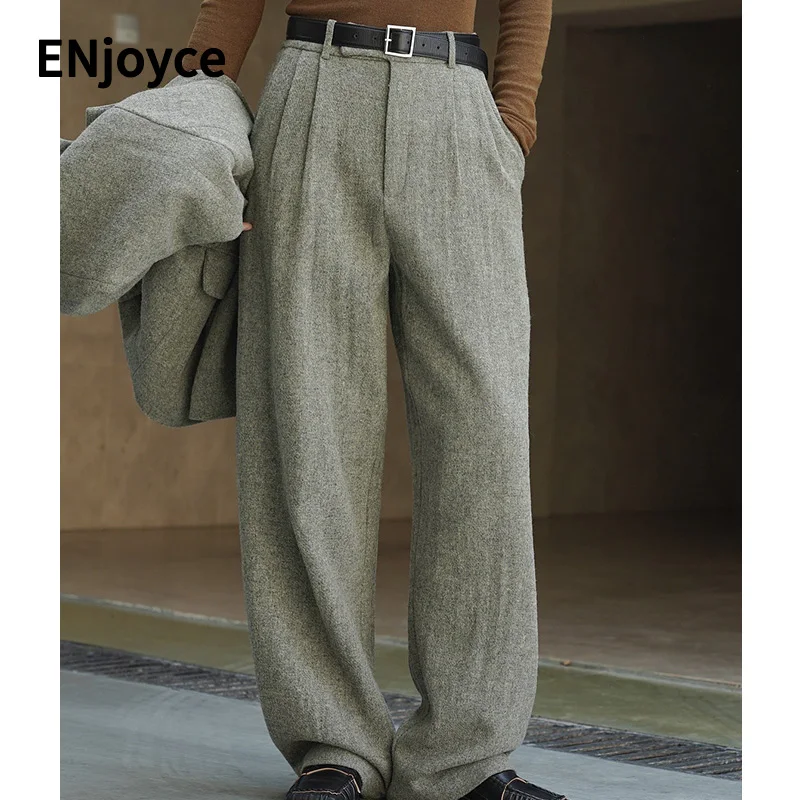

Autumn Winter Women Vintage Gray Wool Straight High Waist Suit Pants Office Lady Loose Wide Leg Trousers Work Wear Pants