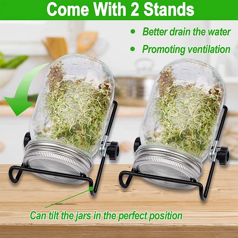 2 Sets 1000Ml Glass Sprouter Jar,Sprouting Jar Kit For Home Kitchen/Garden,Stainless Steel Lid Mason Pot With Holder