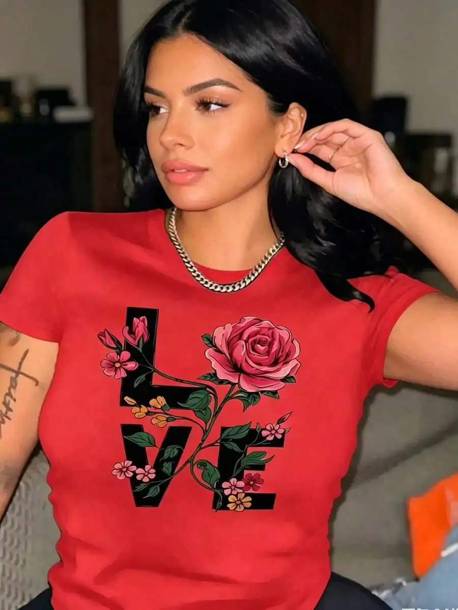 Women's Crew Neck Graphic T-Shirt, LOVE Rose Floral Print, Elegant Casual Short Sleeve Tee, New Arrival For Daily And Party Wear