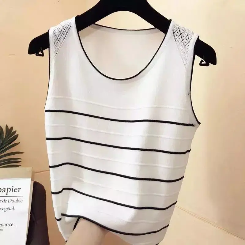 Korean New Version Fashion Simple Versatile Striped Shoulder Hollowed Out Ice Silk Knitted Vest Women Round Neck Sleeveless Top