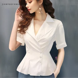 2024 Summer Women's Short sleeved White Shirt Elegant Suit Collar Slim Office Ladies Tops Fashion Casual Female Work Blouses