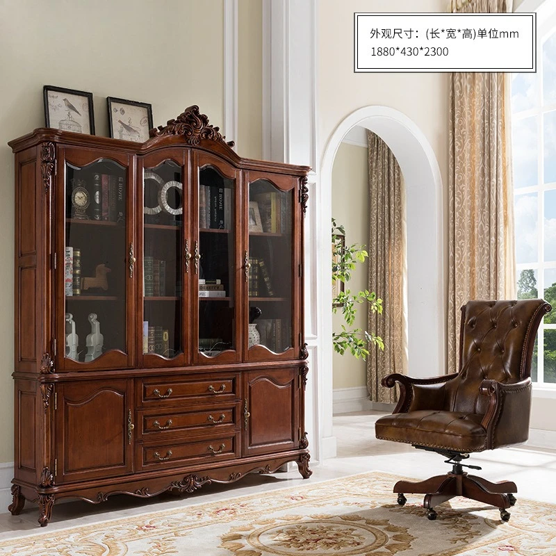 American all solid wood with glass door bookcase, locker European retro display cabinet