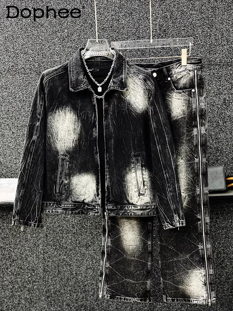 

Men's 2025 Autumn Winter New 2pcs Jackets Wide-Leg Pants Two-Piece Sets High-End Fashion Zipper Denim Jackets Long Pants Sets