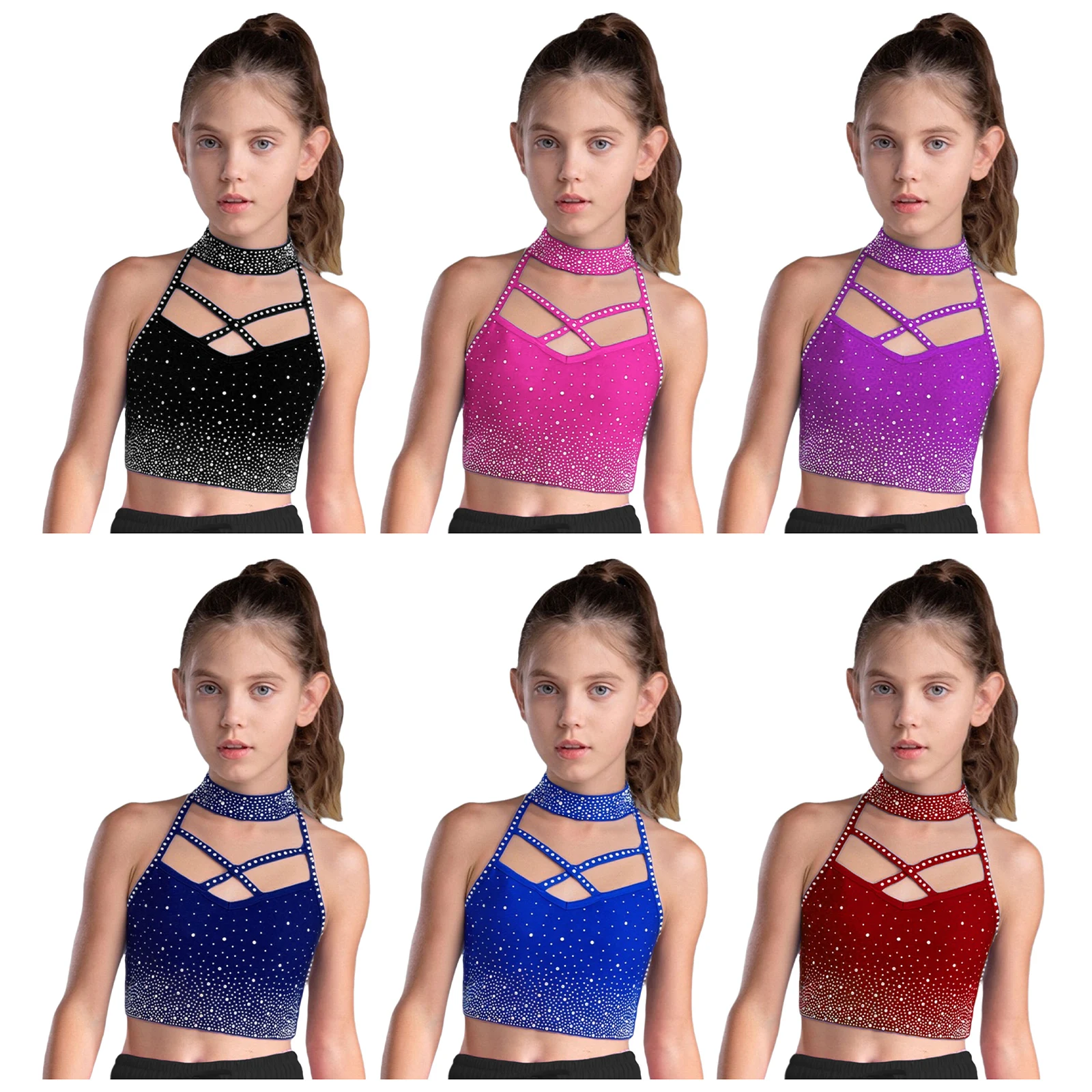 Kid Girl Gymnastics Dance Performance Costume Halter Sleeveless Cross Front Backless Sparkly Rhinestones Crop Top for Stage Show