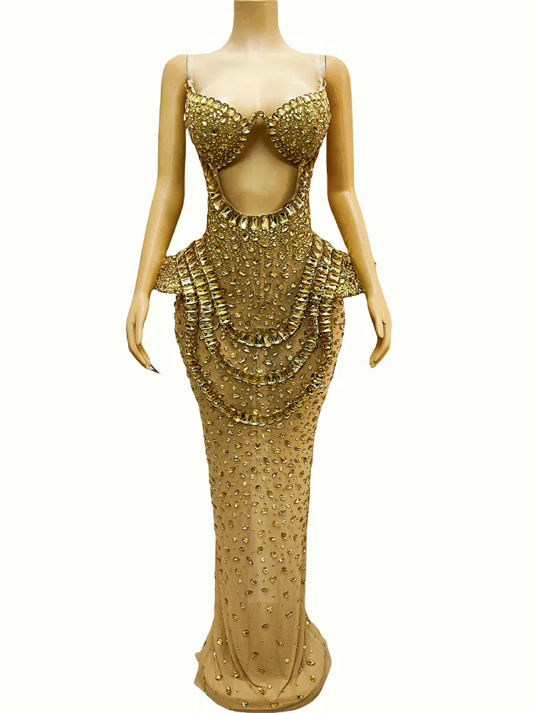 Sexy Gold Ausschnitt Kristall Maxikleid Strass Transparent Mesh Kleid Frauen Abend Abendkleid Roter Teppich Show Bühnenkostüm